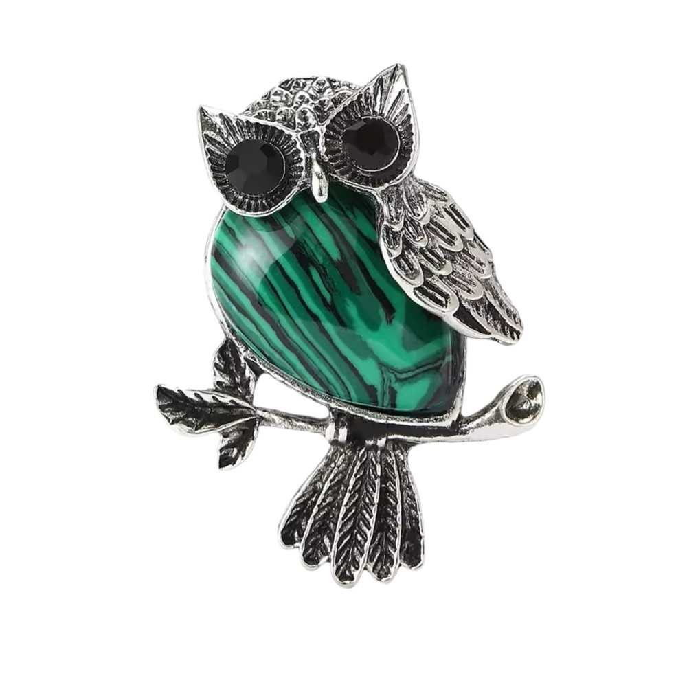 GREEN OWL ON PERCH BROOCH